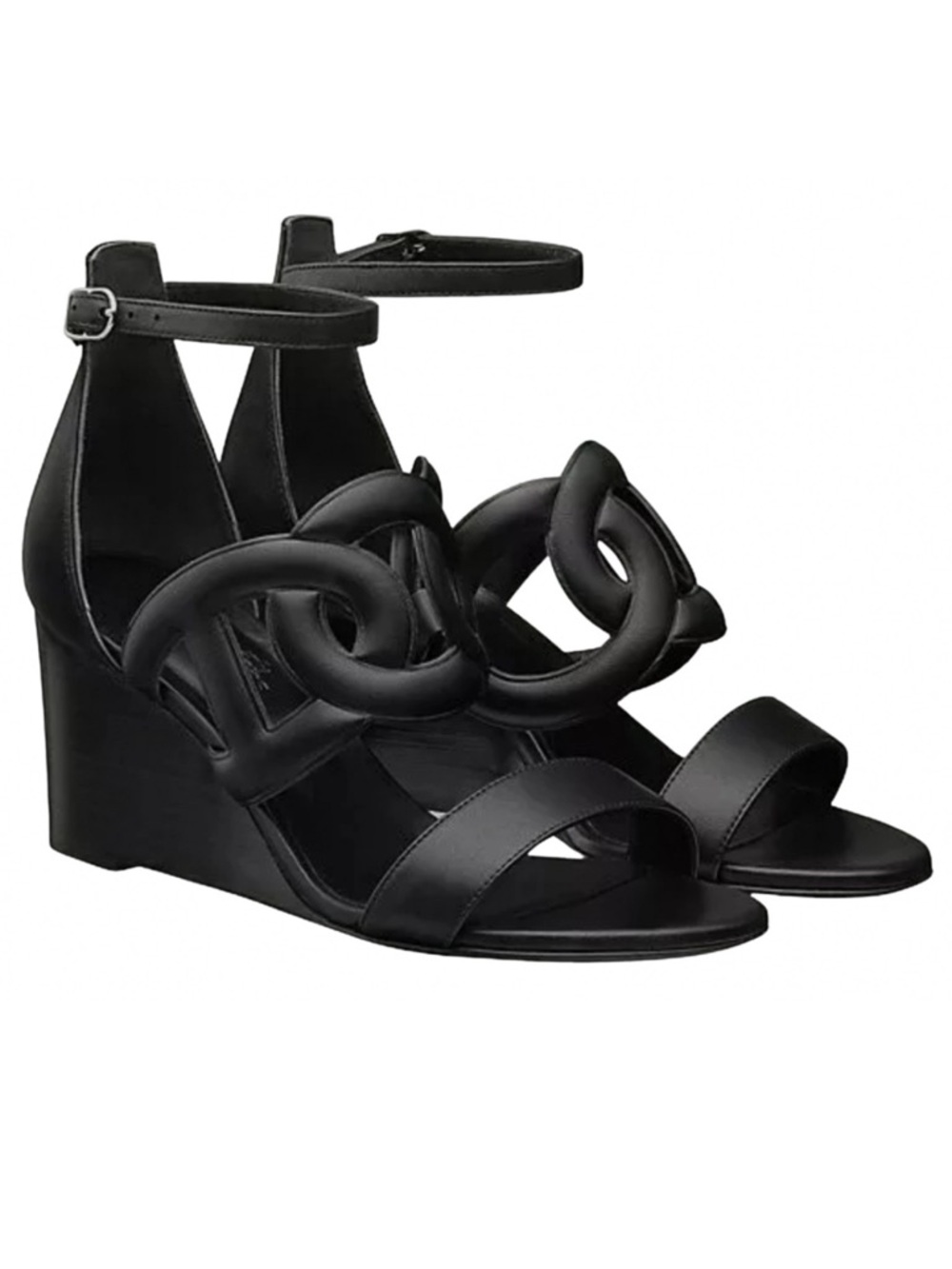 Hermes Brisbane Black Leather Ankle-Strap Wedge Sandals - Picture 3 of 12